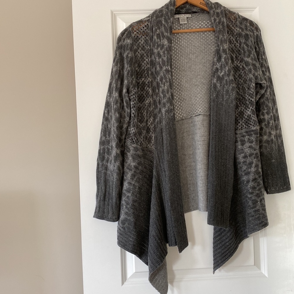 Alberto Malaki Leopard Print Cardigan Sweater Open Front Loose Weave Crochet